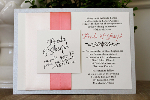Invitation 1513: Silver Ore, Cream Smooth, Petal Pink Ribbon, Coral Ribbon, Coral Ribbon - The wording of this invite is printed on the right side and a combination of thick and thin flat ribbon is placed on the right side.