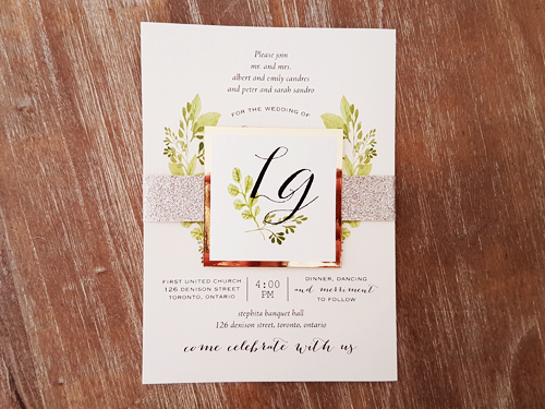 Invitation 2018: White Gold, Gold Mirror, Cream Smooth - This is a single card invite with a thin glitter belly band and cover tag.  There is a nice floral design.
