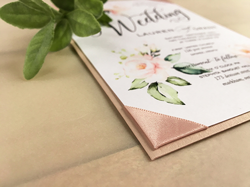 Invitation 2126: Blush Pearl, White Smooth, Deep Blush Ribbon - This is a layered wedding invite printed on a white smooth cardstock and blush pearl backing.  There is a 4 corner deep blush ribbon design.