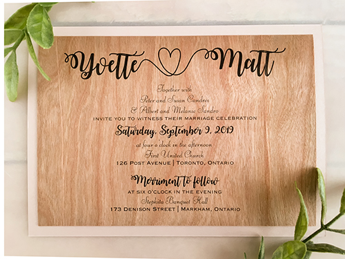 Invitation 2147: Wood, Blush Pearl - This is a layered single card invite printed on the wood paper with a blush pear backing.