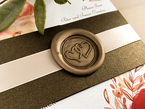 Invitation 2148: Ice Pearl, Espresso/Dark Brown Pearl, Gold Wax, Blush Ribbon - This is a single card wedding invite on ice pearl.  There is a dark brown belly band with blush ribbon and gold wax seal.