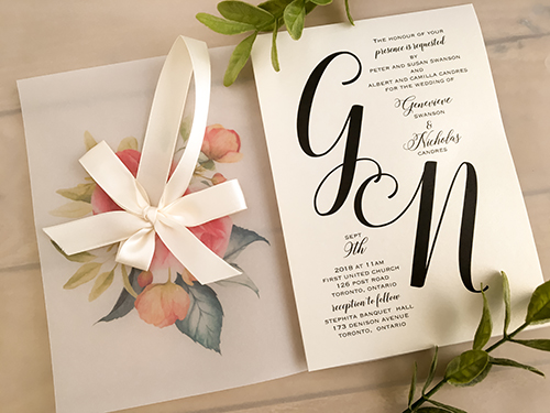 Invitation 2163: White Gold, Antique Ribbon - This is a single card wedding invite on white gold pearl with a bi-fold vellum wrap and antique bow tied.