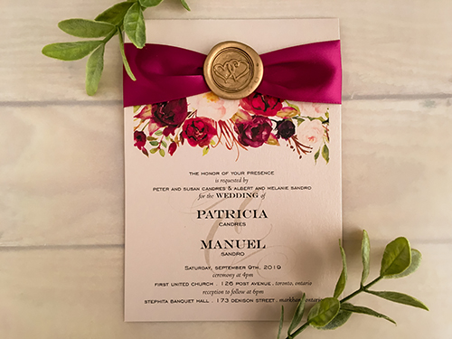 Invitation 2166: Blush Pearl, Gold Wax, Wine Ribbon - This is a single card wedding design on blush pearl with a wine ribbon and gold wax seal design.