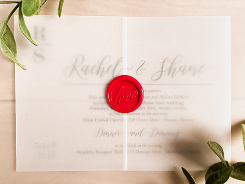 Invitation 2225: Red Wax - A vellum gate fold invitation printed on a vellum paper with a red wax seal to close the invitation.