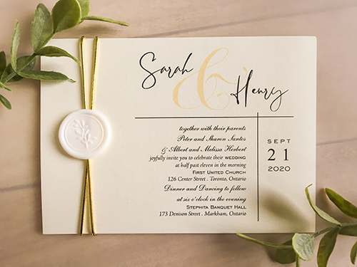 Invitation 2276: White Gold, Ivory Wax - This is a single card printed invite on White Gold pearl.  There is a gold elastic wrapped around twice with an ivory branch wax seal.