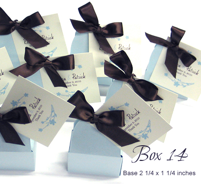 Favour Box Box14: Blue Aspire Pearl, Brown Ribbon - This is a small box shaped favour box great for holding small items like candies.