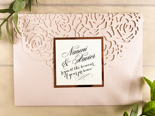 Invitation lc117: Blush Shimmer, Rose Gold Mirror, Cream Smooth - This is a blush shimmer pocket folder wedding invitation.  There is rose gold mirror cover tag glued to the rose pattern flap.
