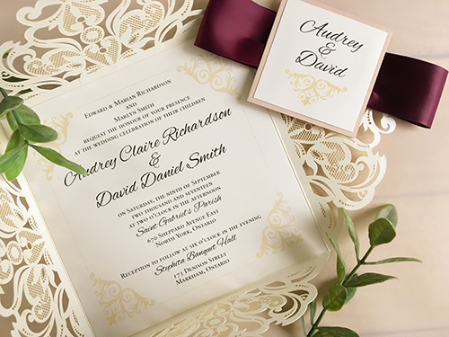 Invitation lc12: Ivory Shimmer, Blush Pearl, Cream Smooth, Wine Ribbon - Square 4 flap, laser cut wedding invitation featuring a ruched ribbon and a cover tag.