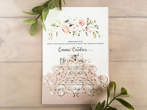 Invitation lc137: Blush Shimmer, Cream Smooth - This is a blush shimmer laser cut pocket wedding invite that has a rhinestone jewel at the tip.
