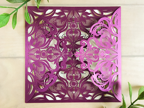 Invitation lc2: Purple shimmer 4 flap laser cut invitation, simple with no embellishments. Lovely on its own or with additional embellishments. Comes in a variety of colours.