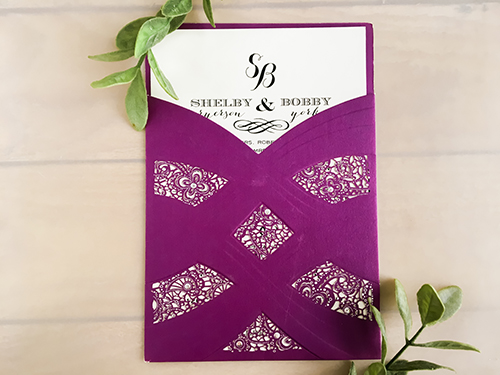 Invitation lc82: Purple Shimmer, Cream Smooth - This is a purple shimmer single pocket laser cut design.  The insert is loose in the pocket.
