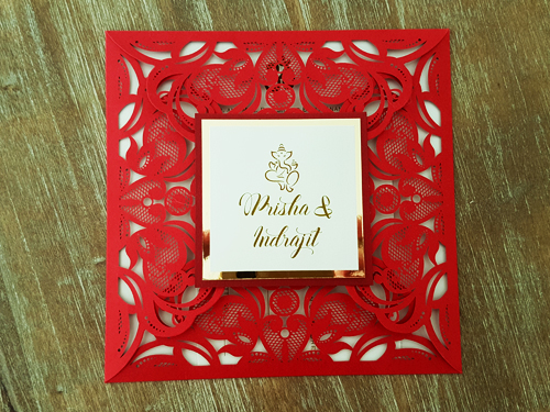 Invitation mb7: Red, Gold Mirror, Cream Smooth - This is a red four flap laser cut wedding invite.  There is a double layered cover tag glued to flap.