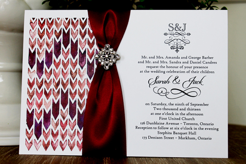 Invitation 1345: White Smooth, Wine Ribbon, Brooch/Buckle A22