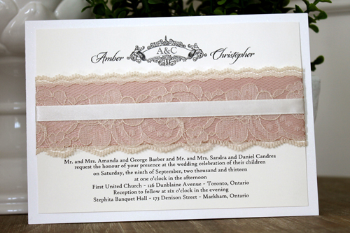 Invitation 1103: Antique Pearl, Cream Smooth, Deep Blush Ribbon, Antique Ribbon, Cream Lace