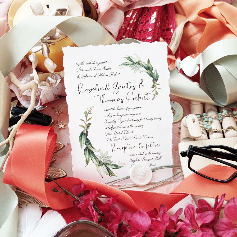 This torn edge invitation gives a simple and natural feel to your wedding! If you are planning a wedding this year and need invites in a rush contact us right away and we can make an invitation like this for you in a very short time!