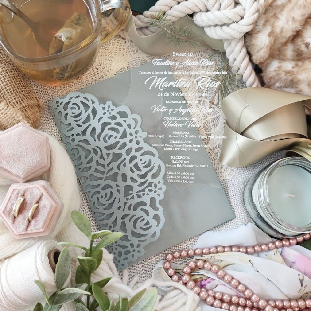 We have some new acrylic invitation arrivals for the year in different shapes and frosted and mirrored acrylic invitations as well. Contact us to discuss your invitation needs.
