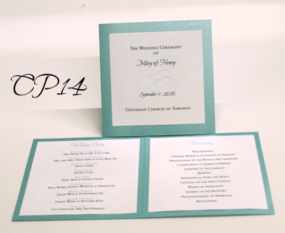 Ceremony Program CP14: Turquoise Pearl, White Smooth - This is a bi-fold ceremony program with a cover and 2 printed panels on the inside.