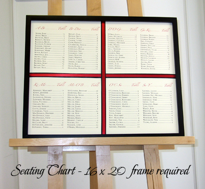Other Accessory SeatingChart1: White Smooth, Black Ribbon, Red Ribbon - Seating Chart design on a framed board where the names are printed on paper.