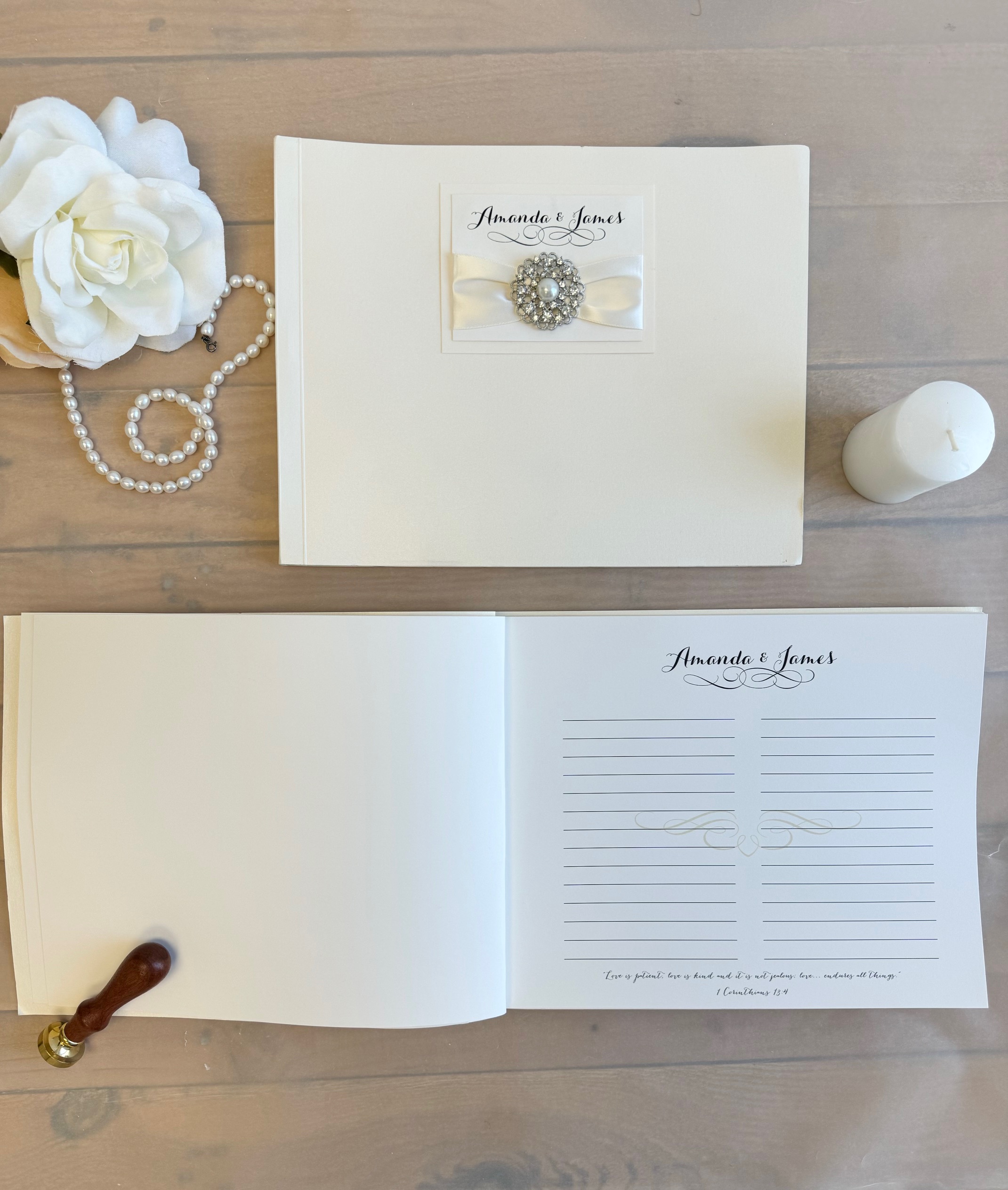 Other Accessory SignInBook1: Tiffany Pearl, Black Linen, White Smooth, Turquoise Ribbon - Sign in Book with a pearl paper folder that has 20 pages for guests to sign.