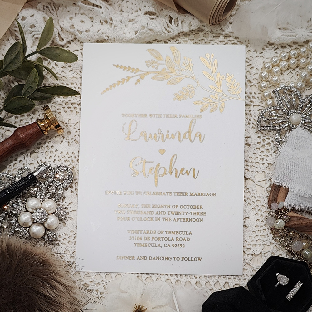Invitation 5106: Acrylic - Ivory - gold foil white acrylic branch invite