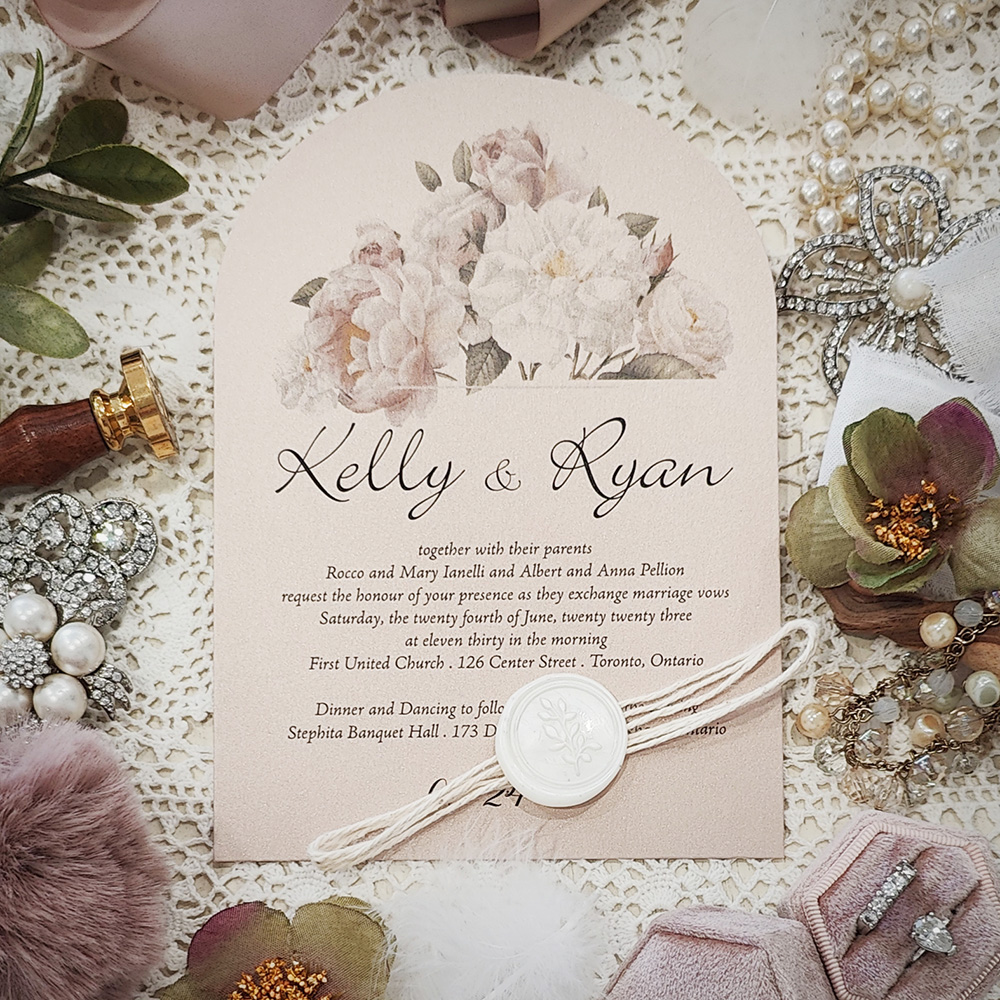 Invitation 3602: Blush Pearl, Ivory Wax, String Ribbon - Blush pearl arched shaped wedding invite with string and ivory wax seal.
