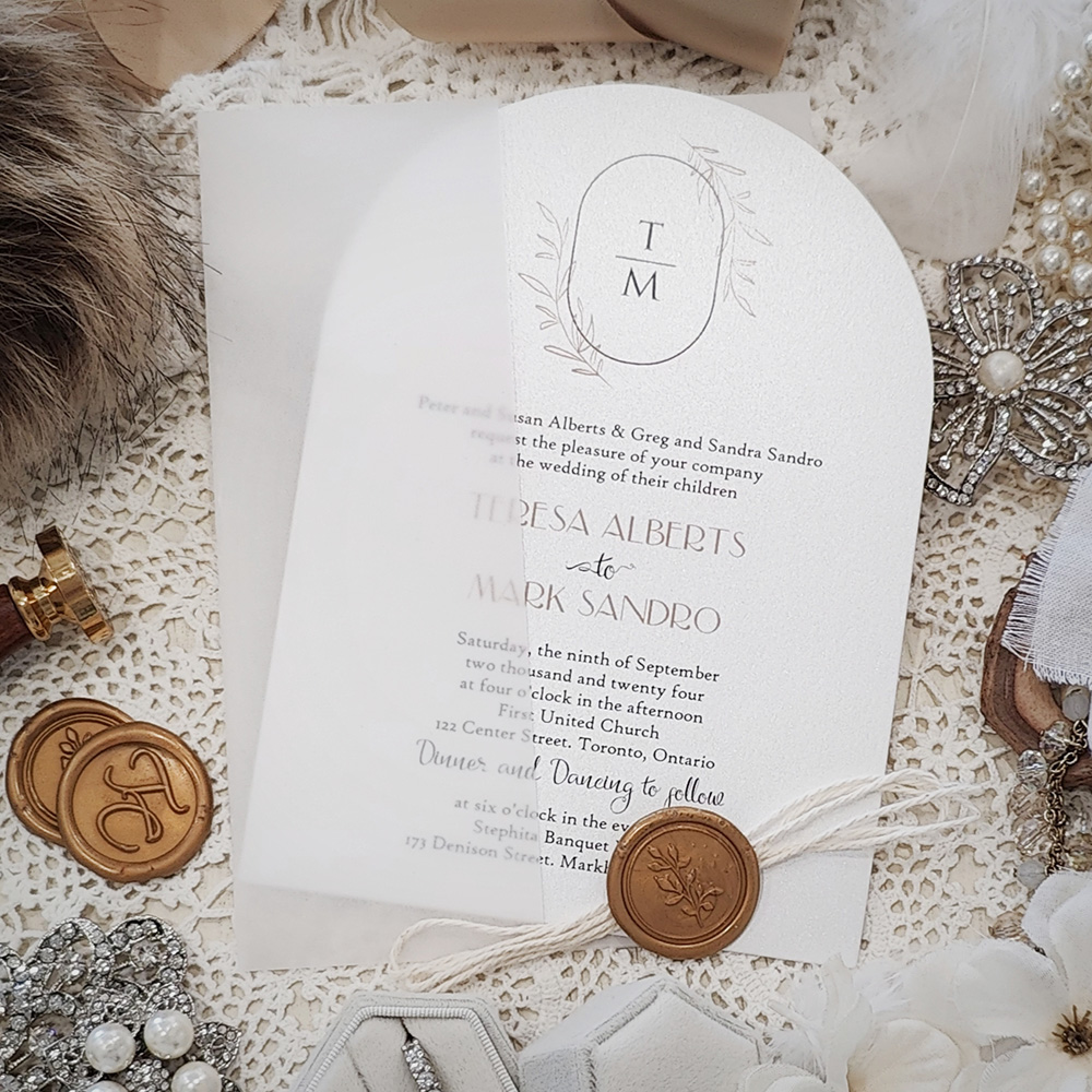 Invitation 3605: Ice Pearl, Gold Wax, String Ribbon - White Arched shaped wedding card with blank vellum wrap, string and gold wax seal.