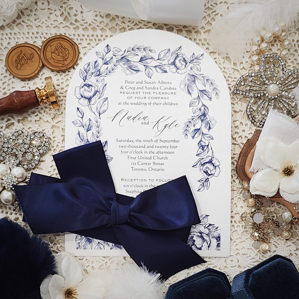 Invitation 3610: Ice Pearl, Navy Ribbon - Arched shaped wedding invite on ice pearl paper with navy blue ribbon bow.