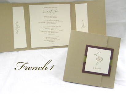 Invitation French1: Gold Pearl, Brown Pearl, Cream Smooth, Sage Ribbon