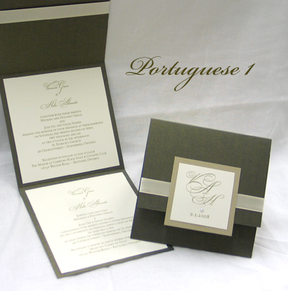 Invitation Portuguese1: Sage Pearl, Gold Pearl, Cream Smooth, Cream Ribbon