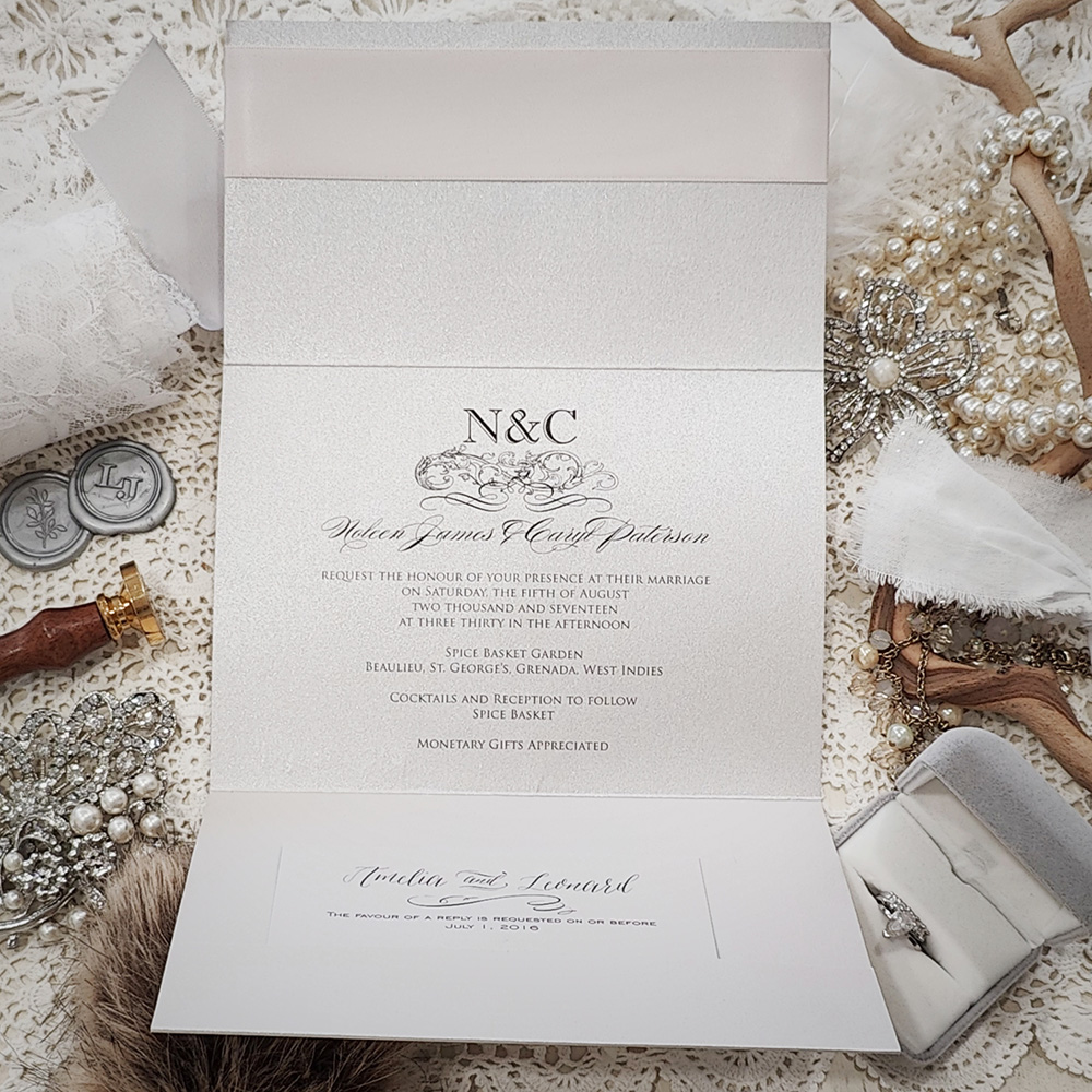 Invitation 3506: Silver Ore, Petal Pink Ribbon, Brooch/Buckle A6 - Landscape pocketfolder wedding invitation with a pink ribbon and pearl brooch.