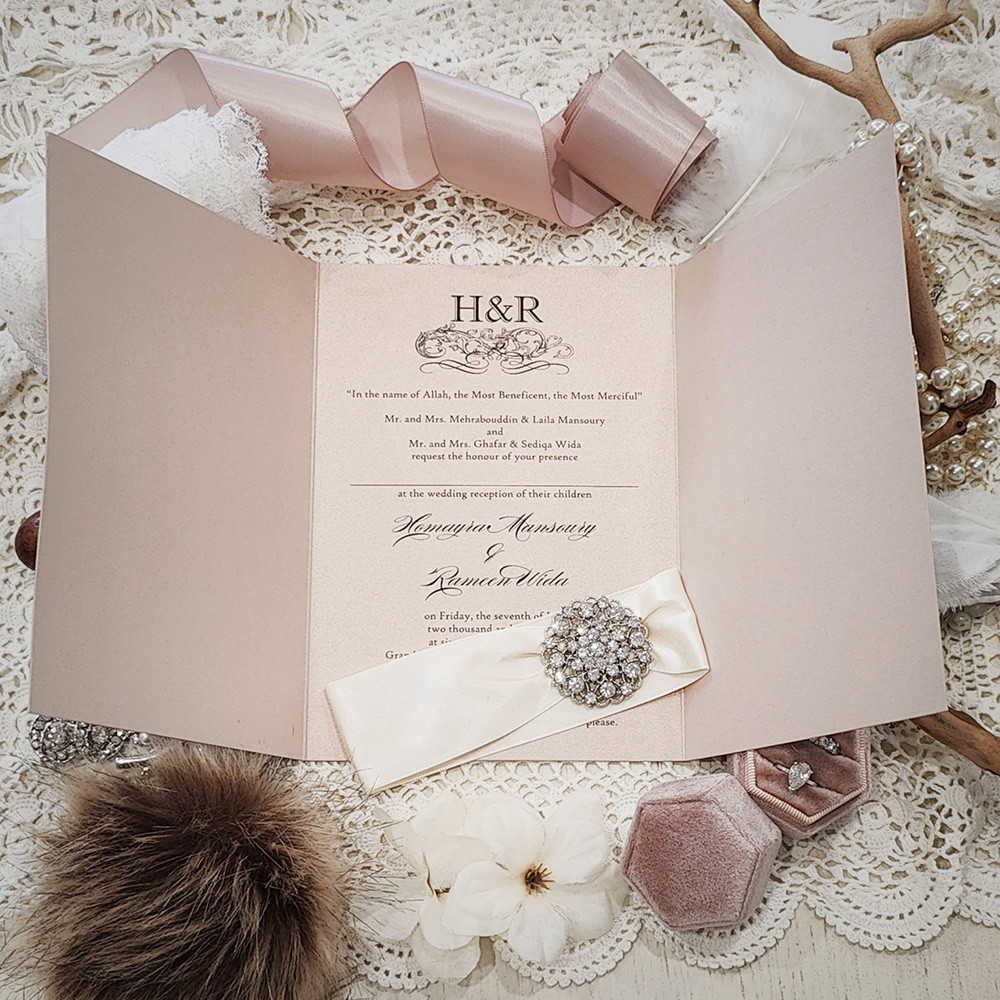 Invitation 3513: Blush Pearl, Antique Ribbon, Brooch/Buckle X - Blush pearl gate fold wedding invitation with an antique ribbon and rhinestone brooch.