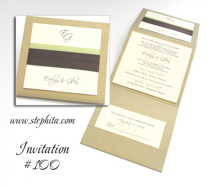 Invitation 100: Gold Pearl, Cream Smooth, Brown Ribbon, Honeydew Ribbon