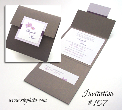 Invitation 107: Colbalt Pearl, Lilac Pearl, White Smooth, Purple Ribbon