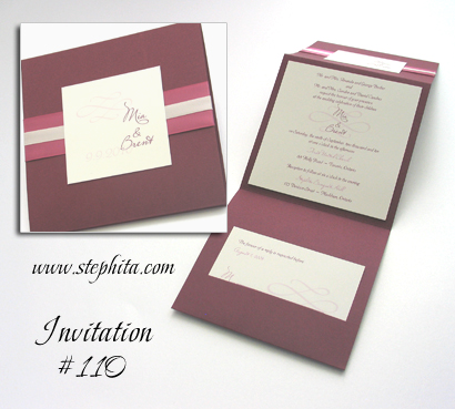 Invitation 110: Burgundy Linen, Cream Smooth, Dusty Rose Ribbon, Cream Ribbon
