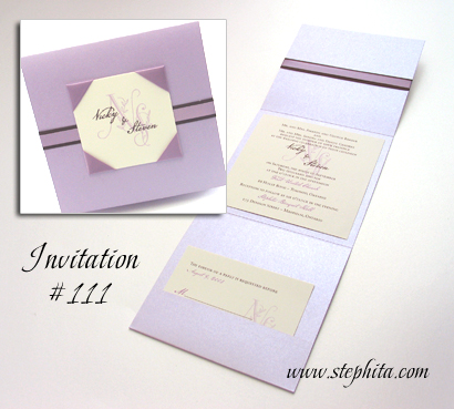 Invitation 111: Lilac Pearl, Cream Smooth, Lavender Ribbon, Brown Ribbon