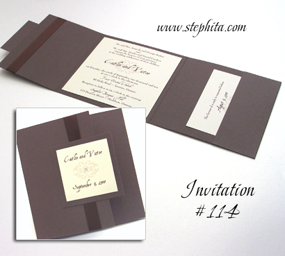 Invitation 114: Chocolate Linen, Chocolate Linen, Cream Smooth, Brown Ribbon