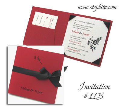 Invitation 115 Red Linen White Smooth Black Ribbon