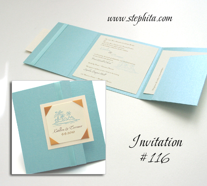 Invitation 116: Tiffany Pearl, Ivory Pearl, Cream Smooth, Gold Ribbon, Aqua Ribbon