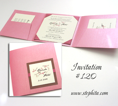 Invitation 120: Raspberry Pearl, Brown Pearl, Cream Smooth, Dusty Rose Ribbon