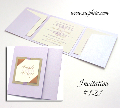 Invitation 121: Lilac Pearl, Gold Pearl, Cream Smooth, Gold Ribbon, Lavender Ribbon