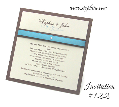 Invitation 122 Chocolate Linen Cream Smooth Brown Ribbon Turquoise 