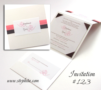 Invitation 123: Antique Pearl, White Smooth, Brown Ribbon, Coral Ribbon