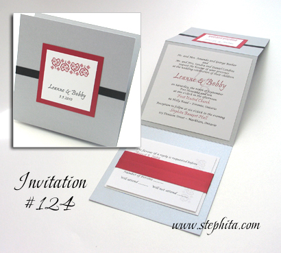 Invitation 124: Silver Pearl, Red Linen, White Smooth, Black Ribbon, Red Ribbon