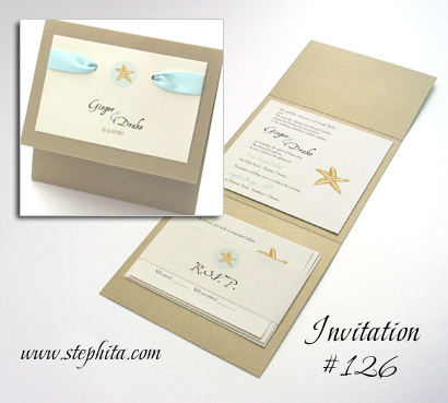 Invitation 126: Gold Pearl, Cream Smooth, Aqua Ribbon