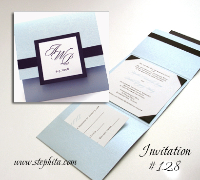 Invitation 128: Blue Aspire Pearl, Black Linen, White Smooth, Black Ribbon