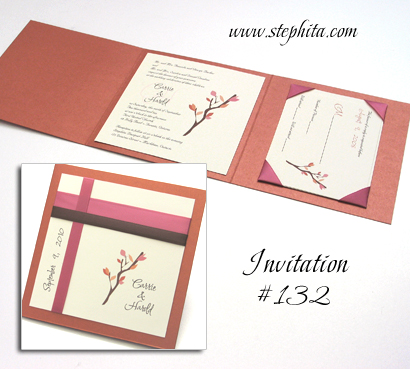 Invitation 132: Copper Pearl, Cream Smooth, Dusty Rose Ribbon, Brown Ribbon