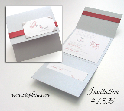 Invitation 135: Silver Pearl, Cream Smooth, Red Ribbon, Silver Ribbon