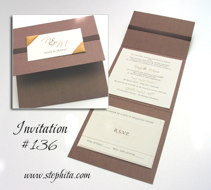 Invitation 136: Brown Pearl, Cream Smooth, Gold Ribbon, Brown Ribbon