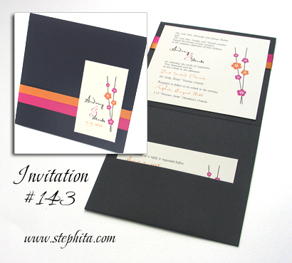 Invitation 143: Black Linen, Cream Smooth, Azalea Ribbon, Tangerine Ribbon