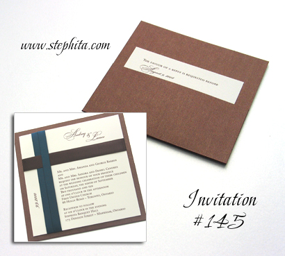 Invitation 145: Brown Pearl, Cream Smooth, Teal Ribbon, Brown Ribbon